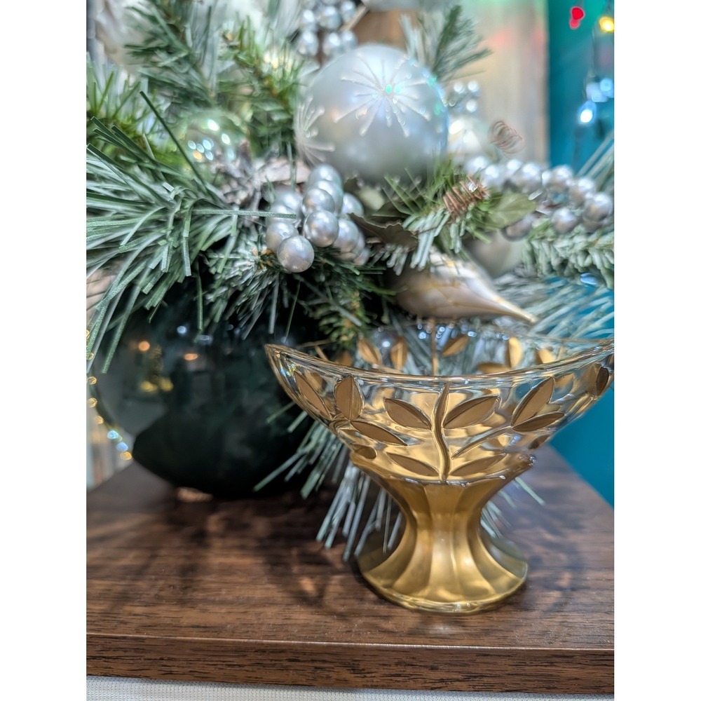 Vintage Venezia Italian Gilded Gold Leaf Crystal Compote Pedestal Bowl Rare‎